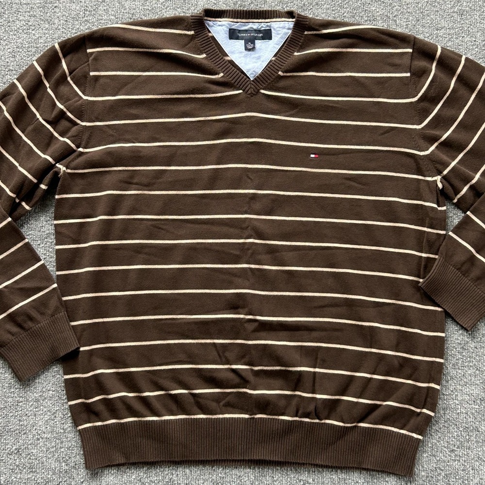 Tommy Hilfiger Sweater Mens XL Brown Striped V Neck‎ Cotton Knit Pullover Logo